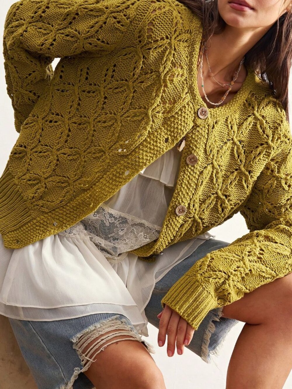 Green Casual Women's Heavy-Duty Hollow Knit Cardigan - Picture 4 of 9
